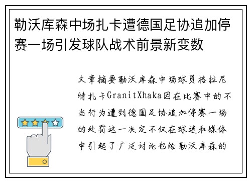 勒沃库森中场扎卡遭德国足协追加停赛一场引发球队战术前景新变数