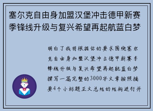 塞尔克自由身加盟汉堡冲击德甲新赛季锋线升级与复兴希望再起航蓝白梦