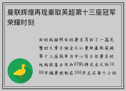 曼联辉煌再现豪取英超第十三座冠军荣耀时刻